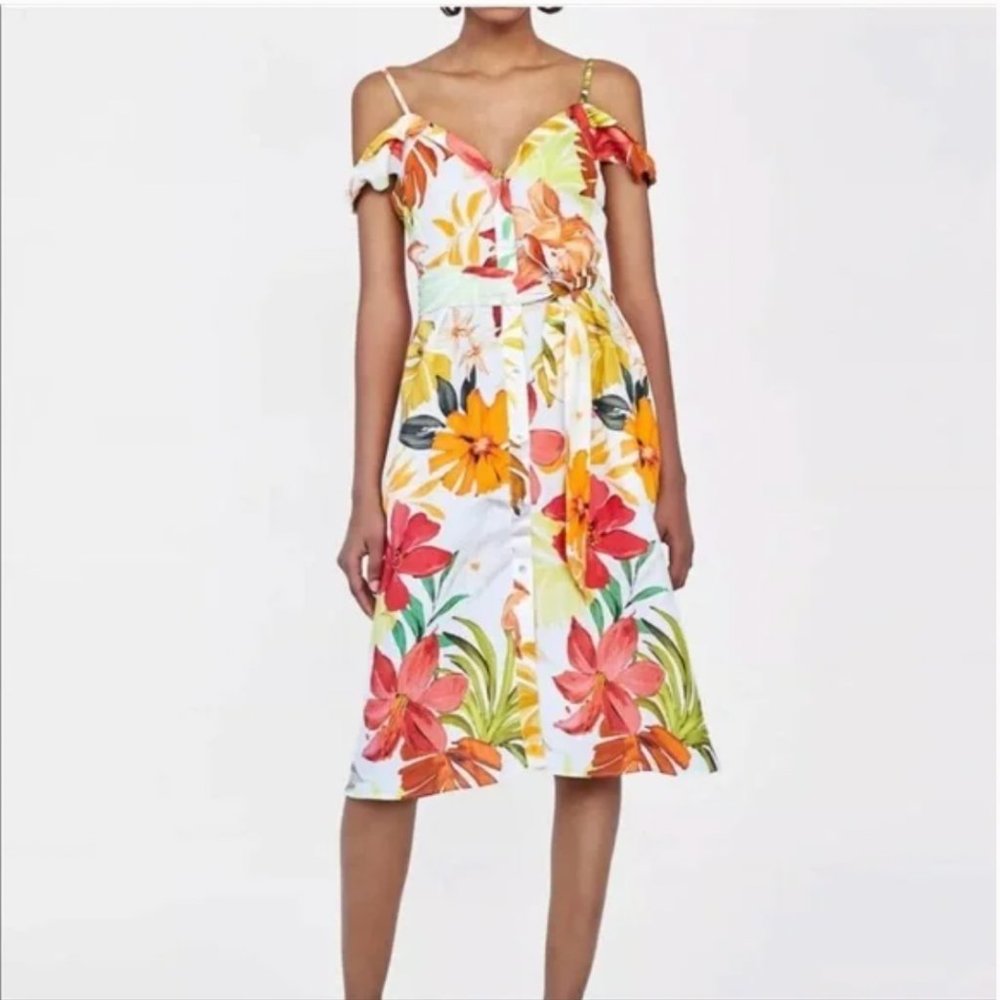 ZARA FLORAL PRINT LINEN FLORAL BELTED DRESS